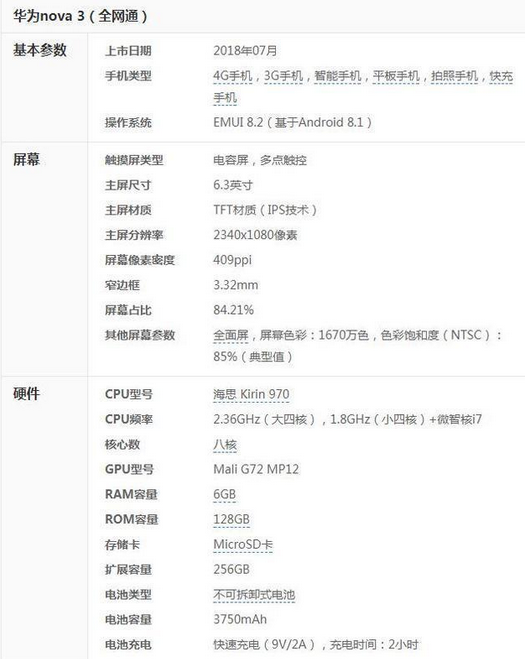 华为nova3参数配置信息