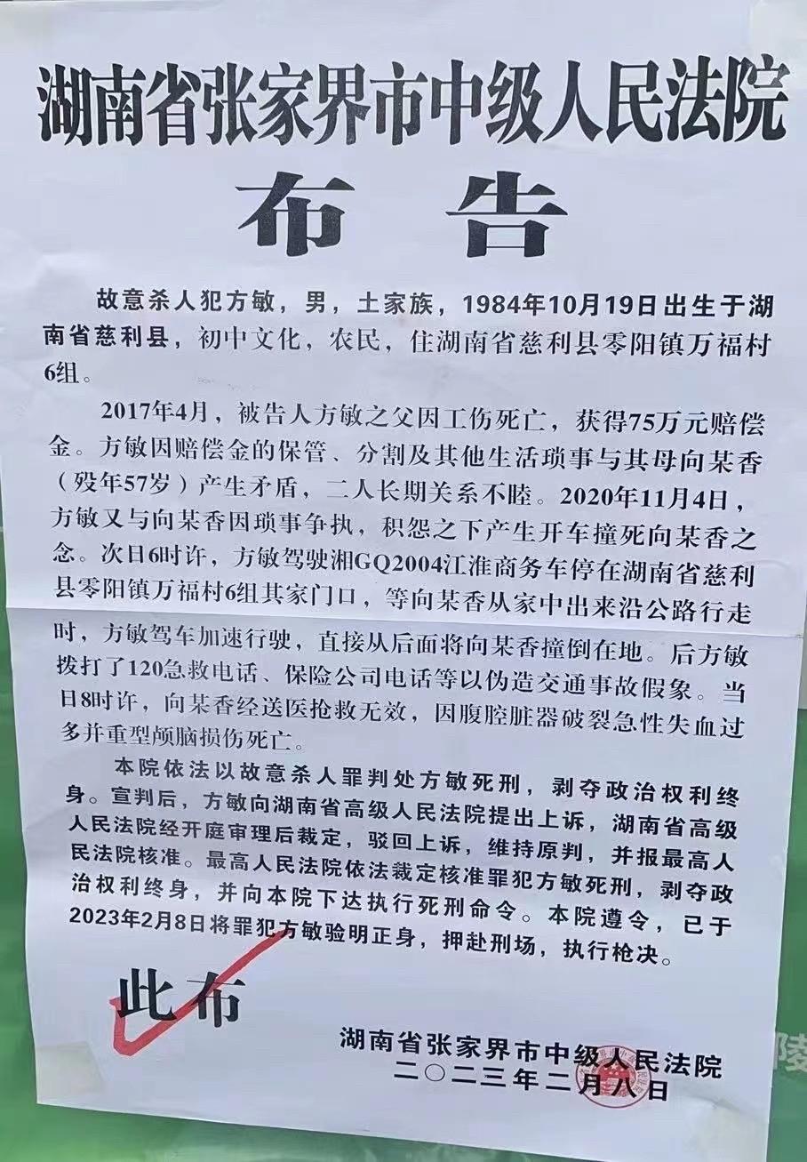 湖南慈利“弑母案”罪犯被执行死刑（湖南弑母案件）