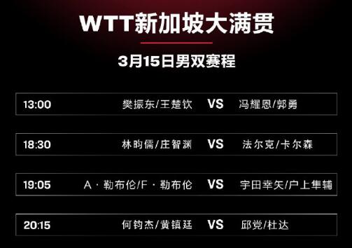 2023年WTT新加坡大滿貫3月15日賽程直播時(shí)間表 今天國(guó)乒比賽對(duì)陣表圖