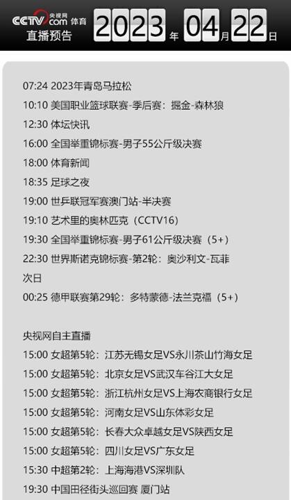 今天央視體育頻道直播節(jié)目單表4月22日 CCTV5/5+最新賽事直播預(yù)告