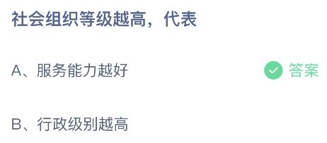 蚂蚁庄园今日答案最新：社会组织等级越高代表服务能力越好还是行政级别越高？