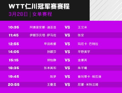 2024WTT韓國(guó)仁川冠軍賽賽程直播時(shí)間表3月28日 今天比賽對(duì)陣名單